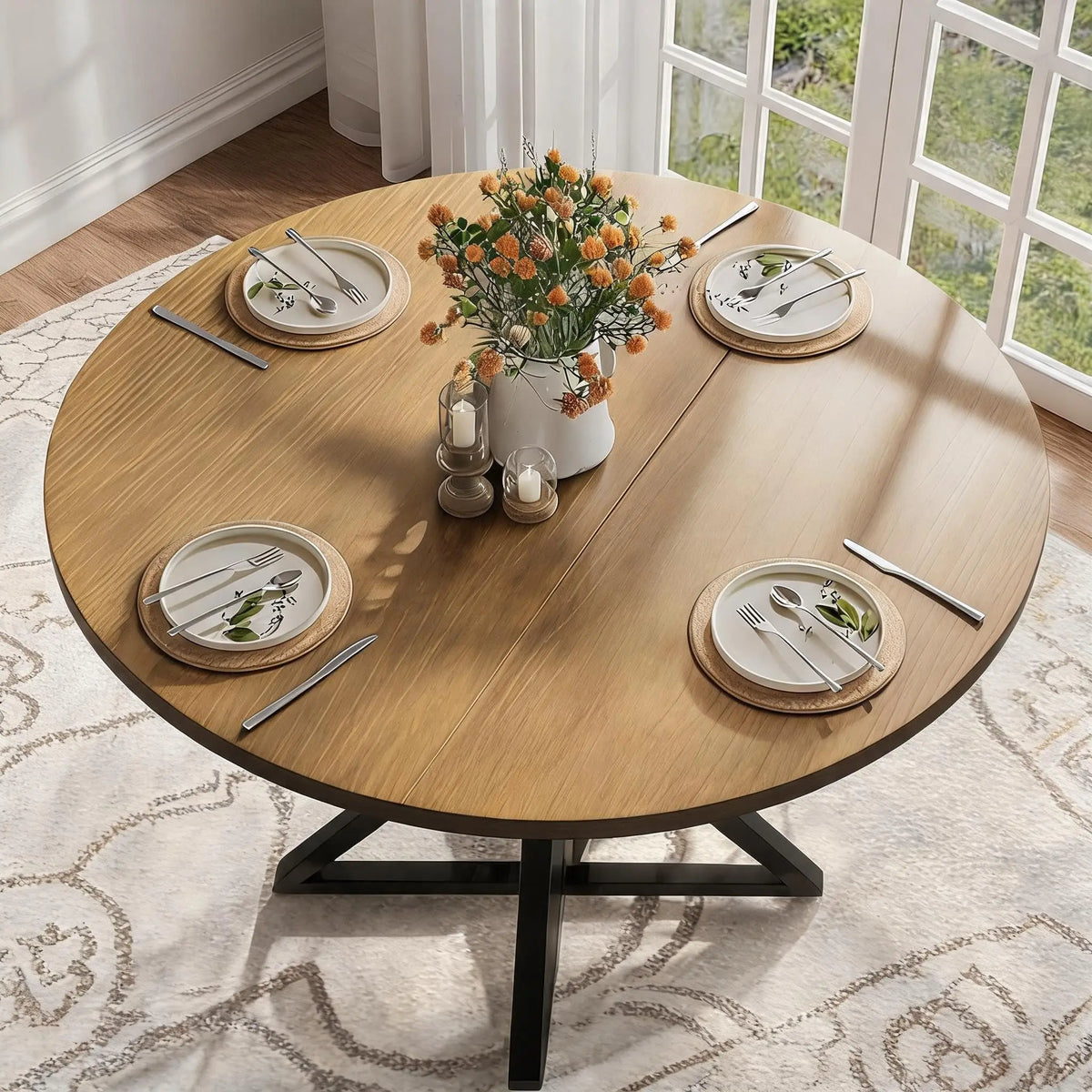 Table à manger ronde 120 cm pour 4 à 6 personnes, table de cuisine style champêtre / rustic avec piètement central, en bois