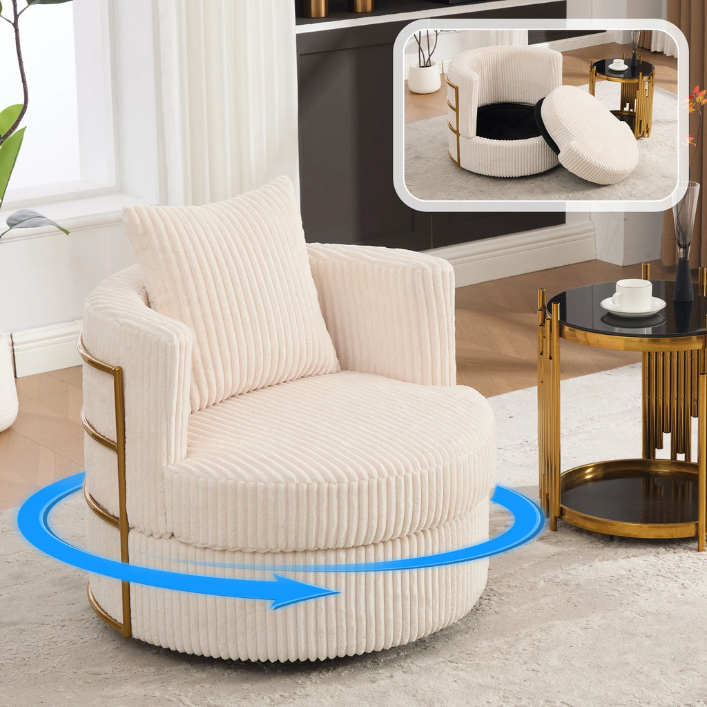 Lot de 2 fauteuils pivotants à 360° en velours côtelé beige avec mousse haute densité, rangement caché et accoudoirs rembourrés, polyvalents pour chambre, salon et chambre d'enfant