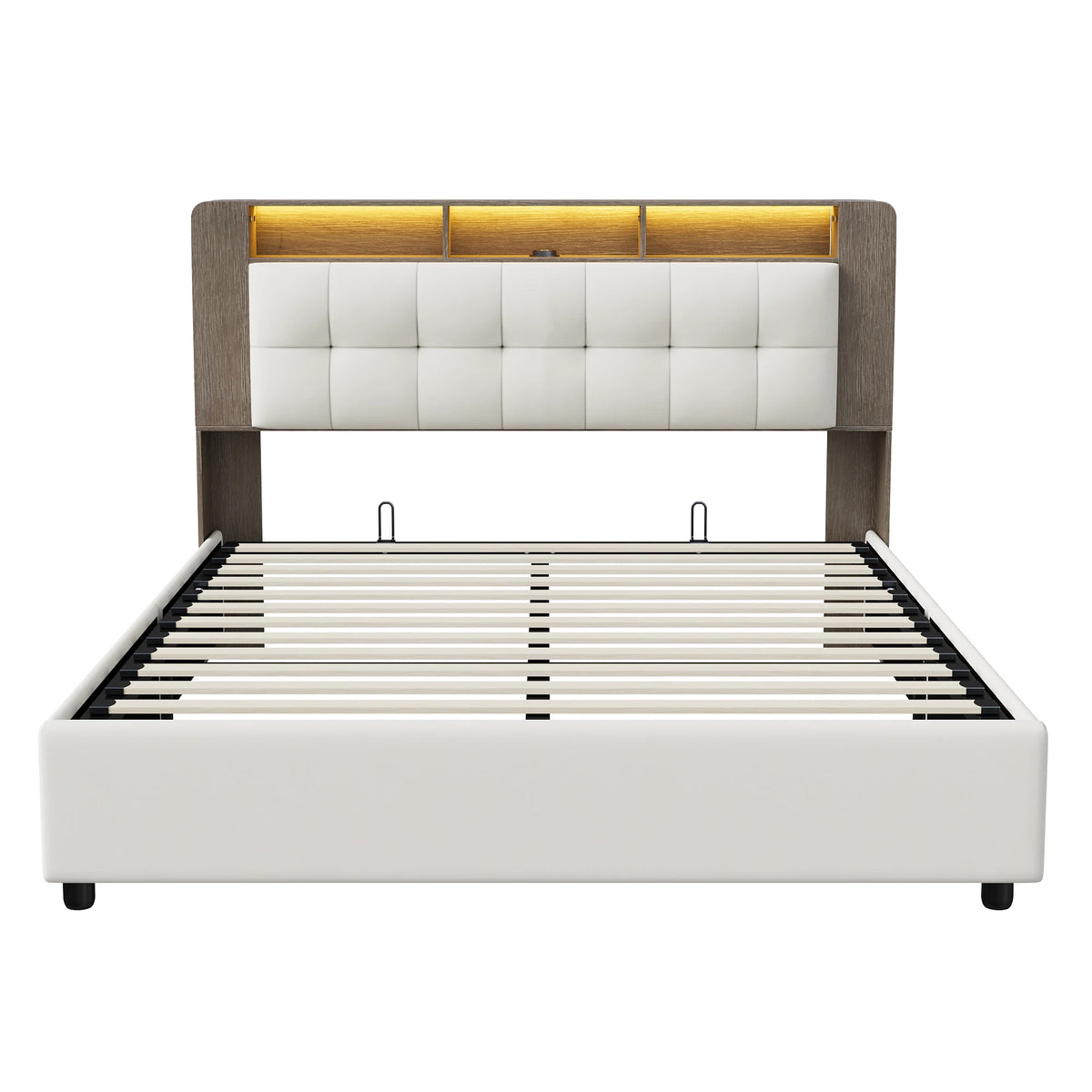 Lit rembourré Simurq avec espace de rangement 140 x 200 cm, lit double avec coffre de rangement hydraulique, lit pour adolescent avec sommier à lattes et coffre de lit, en velours, sans matelas, blanc cassé