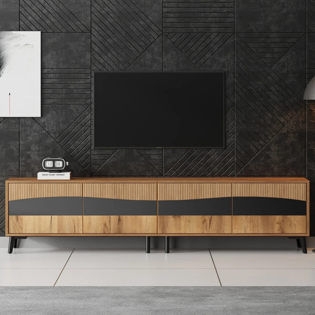 Meuble TV 80x40x50 cm, meuble télé bicolore effet bois et noir, meuble TV avec 4 compartiments, meuble de salon avec 8 pieds de support, capacité de charge recommandée 30 kg, design symétrique, meuble bas