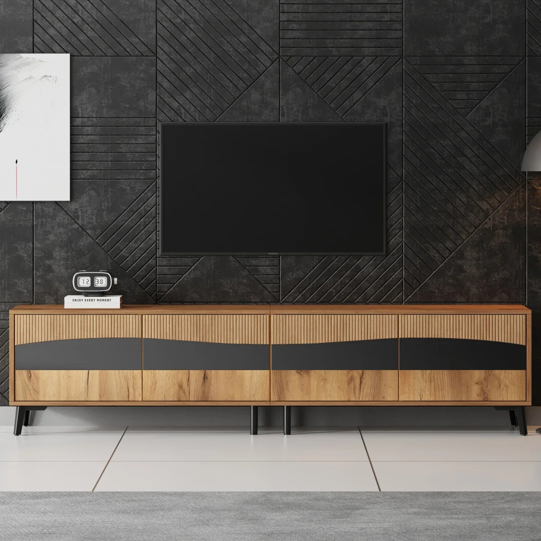 Meuble TV 80x40x50 cm, meuble télé bicolore effet bois et noir, meuble TV avec 4 compartiments, meuble de salon avec 8 pieds de support, capacité de charge recommandée 30 kg, design symétrique, meuble bas