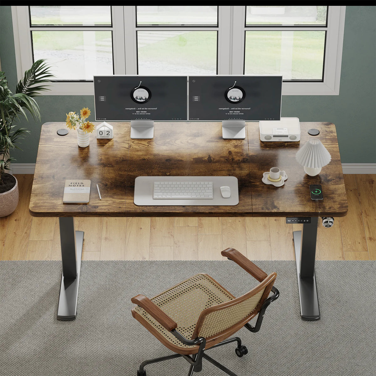 Bureau assis-debout ergonomique 120x60 cm pour ordinateur avec prises USB, table de bureau à domicile
