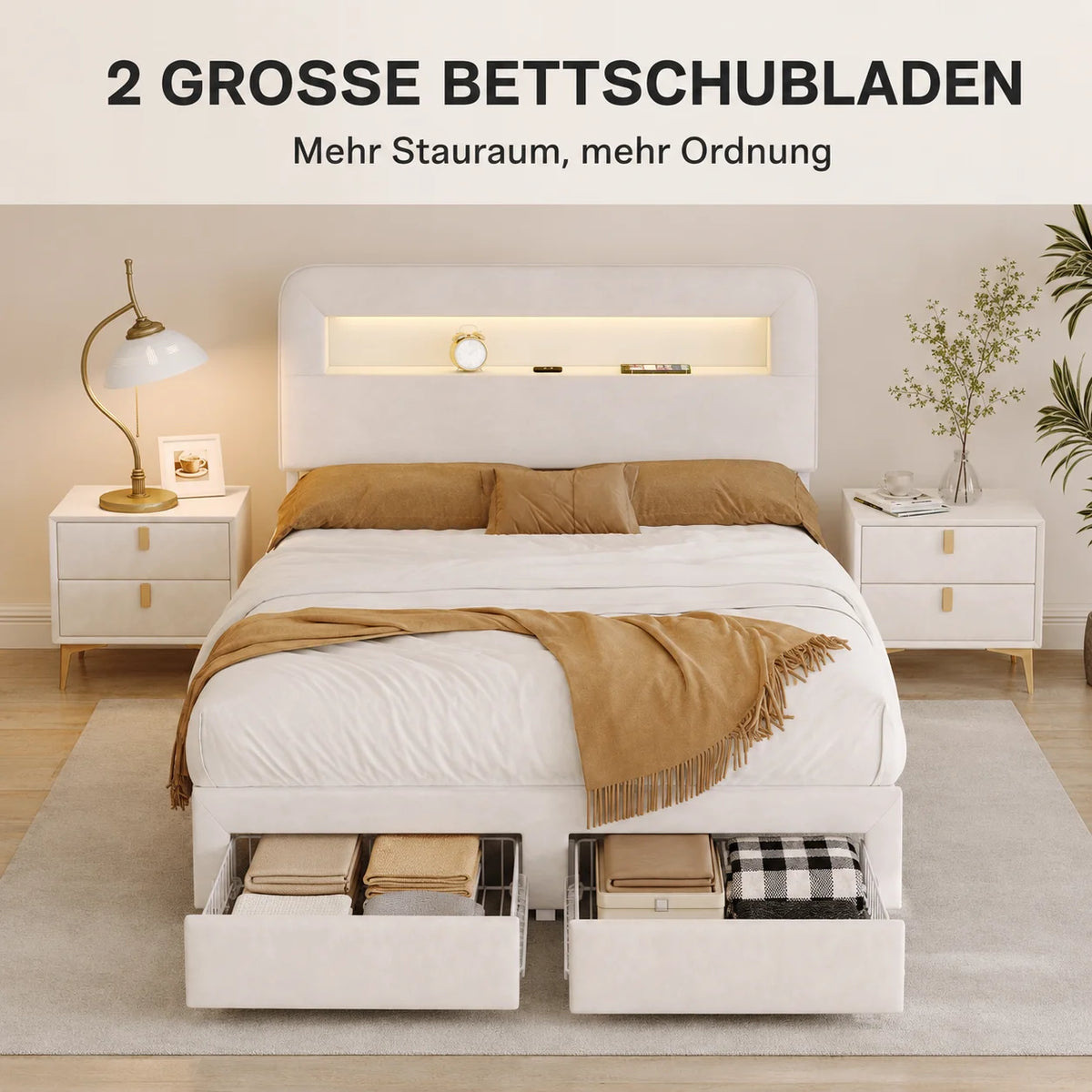 Lit en velours avec compartiments de rangement de chaque côté de la tête de lit et deux tiroirs au pied du lit - Beige, tailles au choix : 140 x 200 cm / 160 x 200 cm