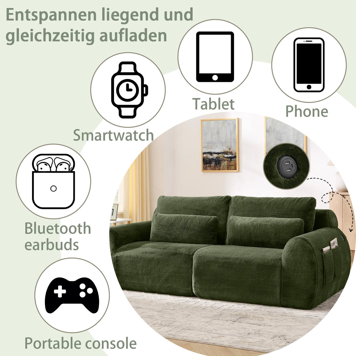 Canapé 2 places en tissu effet fourrure de lapin, vert, avec dossier haut, assise rembourrée à ressorts et poche latérale pour magazines. Son design compact est idéal pour un petit salon, un appartement, un bureau ou une chambre.