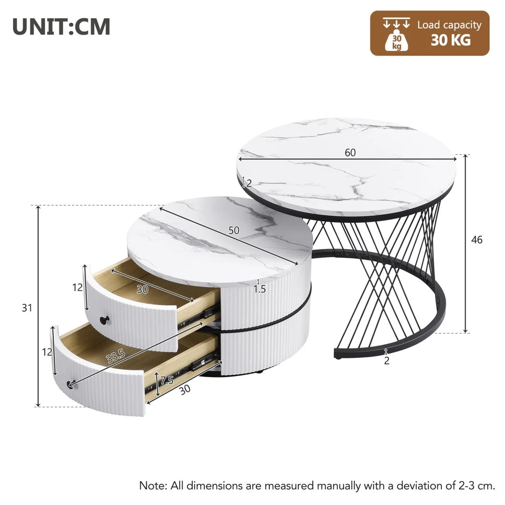 Lot de 2 tables basses gigognes blanches, 60x60x46 cm et 50x50x31 cm, tables rondes avec effet marbre haute brillance, 2 tiroirs, capacité jusqu'à 30 kg, ensemble de tables basses combinées gigognes