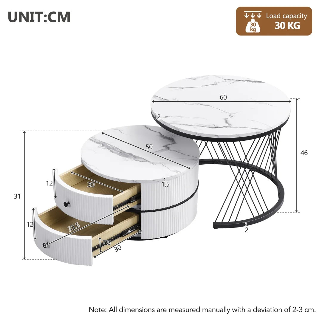 Lot de 2 tables basses gigognes blanches, 60x60x46 cm et 50x50x31 cm, tables rondes avec effet marbre haute brillance, 2 tiroirs, capacité jusqu'à 30 kg, ensemble de tables basses combinées gigognes