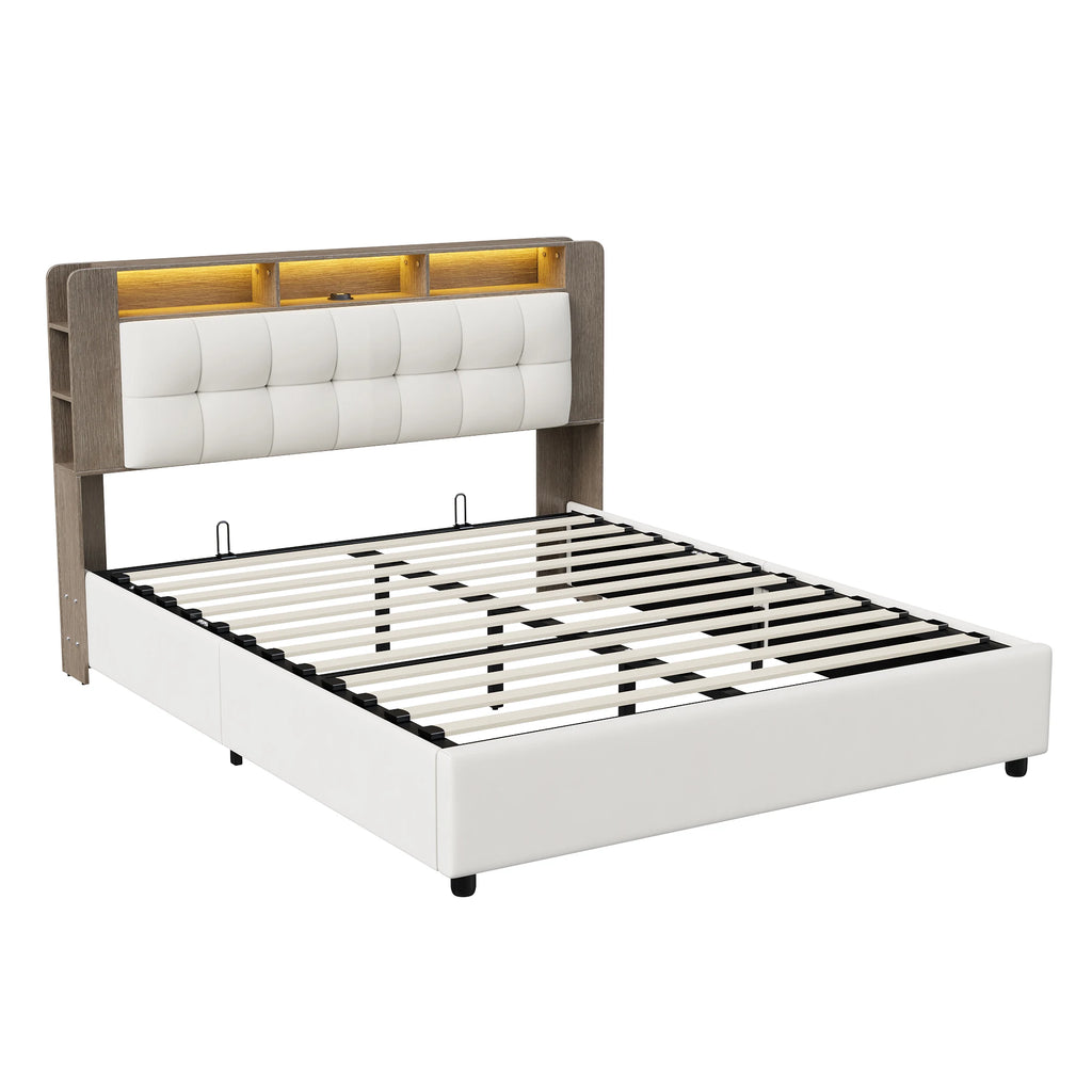 Lit rembourré Simurq avec espace de rangement 140 x 200 cm, lit double avec coffre de rangement hydraulique, lit pour adolescent avec sommier à lattes et coffre de lit, en velours, sans matelas, blanc cassé