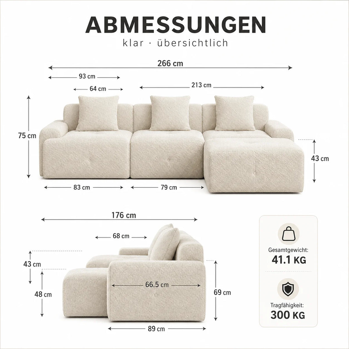 Canapé modulable 3 places en chenille beige avec mousse haute élasticité 30D et compression sous vide, sans montage avec sol antidérapant, polyvalent pour salon, chambre et bureau à domicile