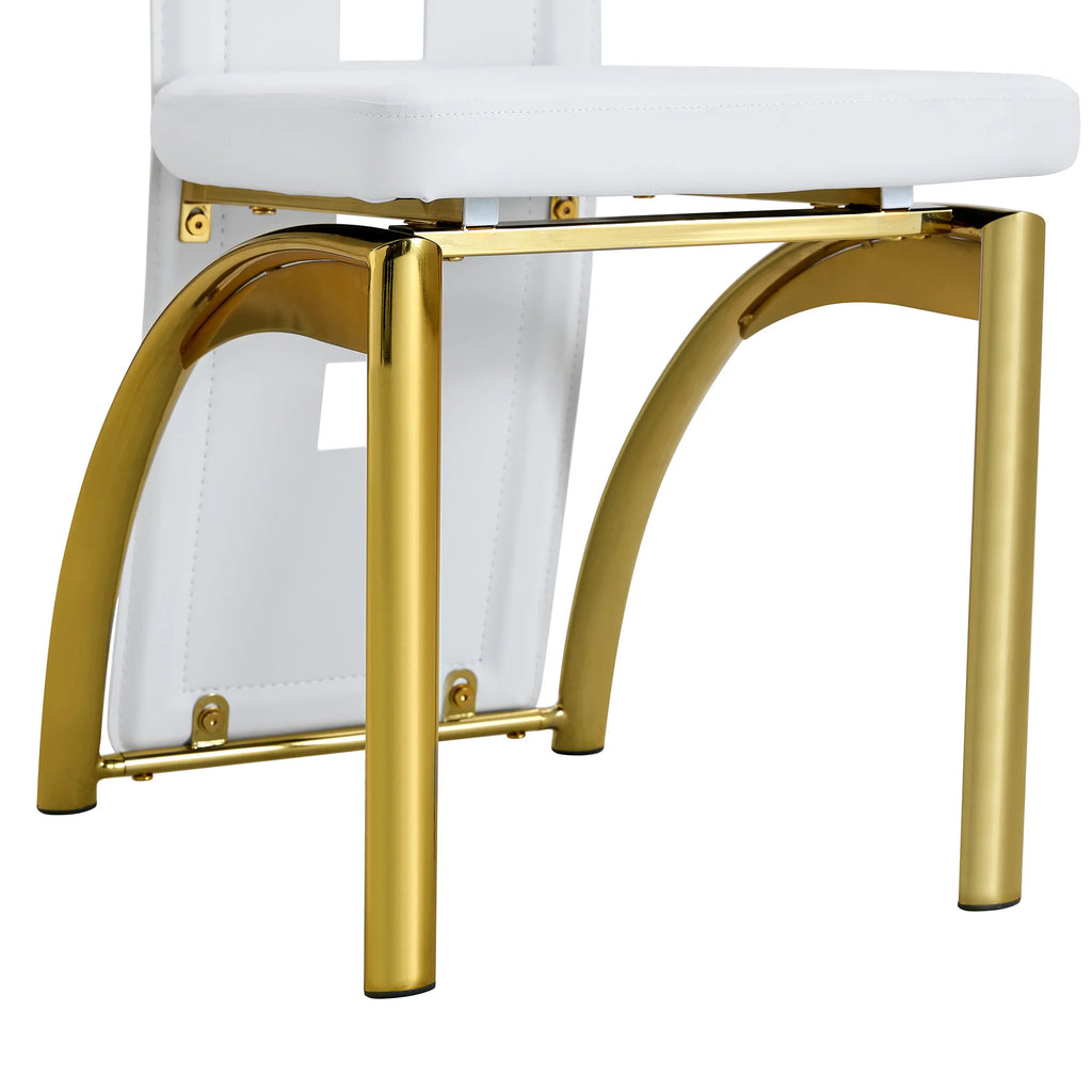 [Lot de 2] Chaises de salle à manger au design européen avec dossier ajouré, cuir synthétique (PU) blanc mat et pieds en métal doré brillant, hauteur 102,5 cm, pour salle à manger ou salon moderne