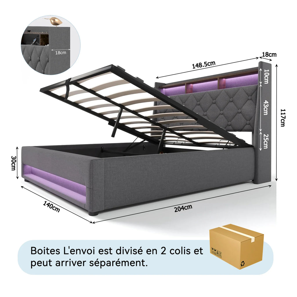 Lit coffre 140x190 cm, lit double avec bandeau LED et ports USB, fonction de rangement, sommier à lattes, revêtement en tissu effet lin gris foncé (sans matelas)