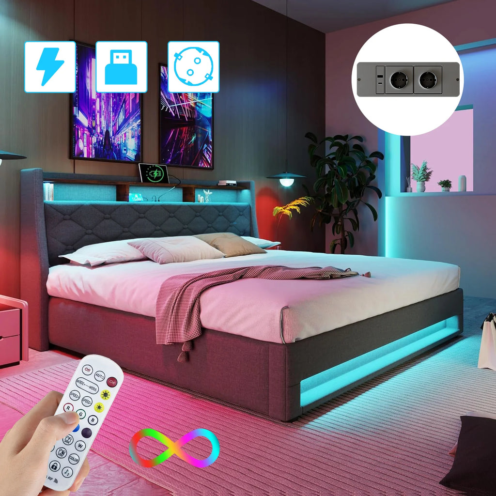 Lit coffre 140x190 cm, lit double avec bandeau LED et ports USB, fonction de rangement, sommier à lattes, revêtement en tissu effet lin gris foncé (sans matelas)