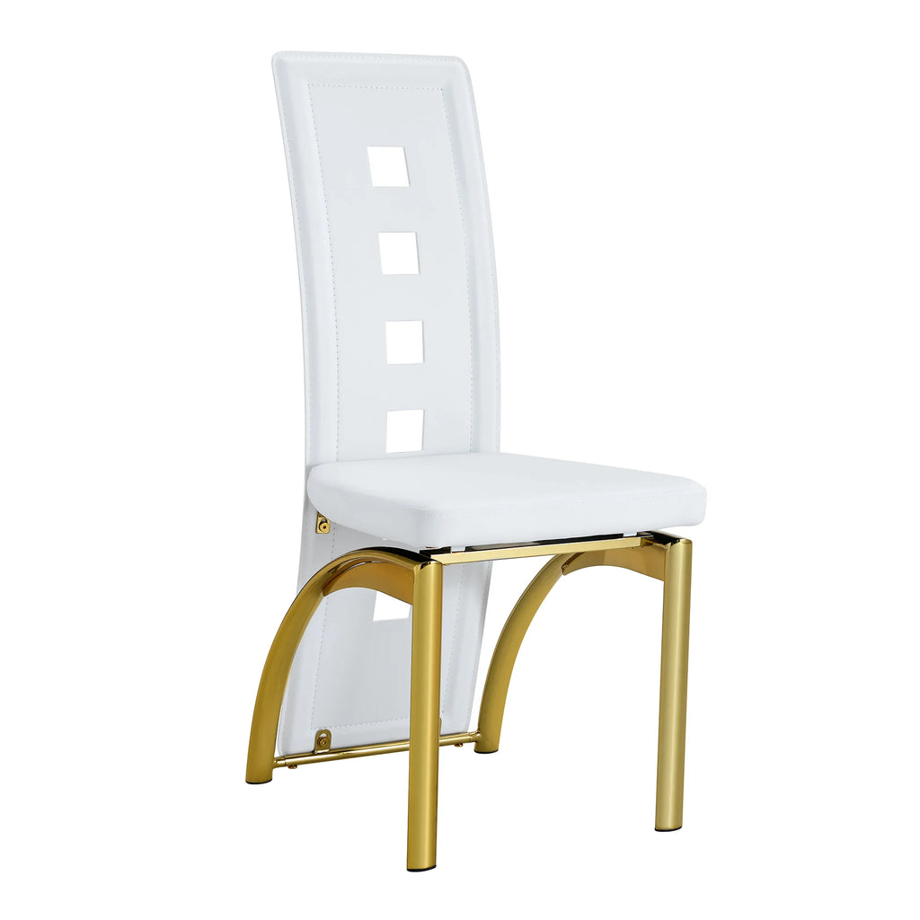 [Lot de 2] Chaises de salle à manger au design européen avec dossier ajouré, cuir synthétique (PU) blanc mat et pieds en métal doré brillant, hauteur 102,5 cm, pour salle à manger ou salon moderne