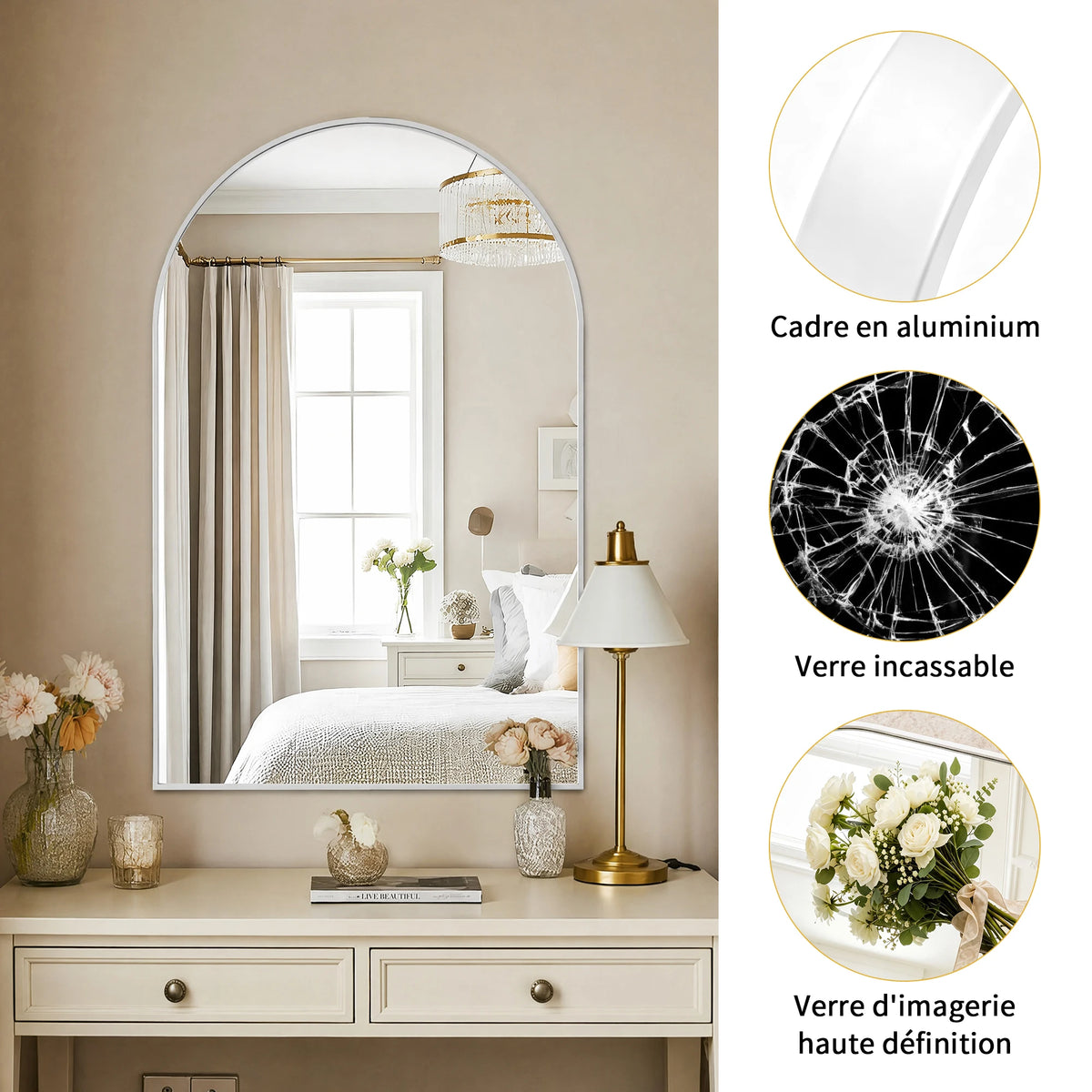 Miroir mural en verre trempé Superaly 91x61 cm avec cadre en alliage d'aluminium, miroir arqué, miroir de salle de bain, miroir de maquillage, miroir de courtoisie pour salon, chambre, couloir, blanc