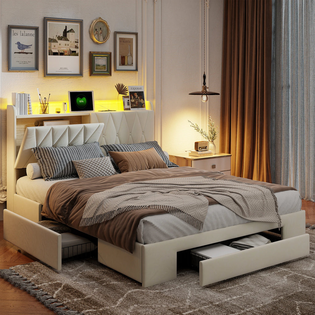 Lit 160x200 cm, lit double avec 3 tiroirs et rangement sous la tête de lit, lit coffre en velours beige avec sommier à lattes, lit pour adolescent, lit fonctionnel, cadre de lit pour chambre et chambre d'amis, lit confort pour adultes et adolescents