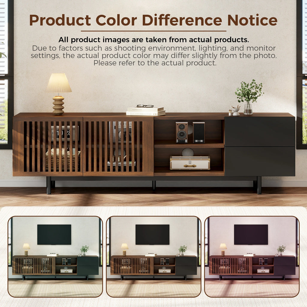 Meuble TV 160 cm, meuble télé en bois MDF avec portes à tasseaux, tiroirs et compartiments ouverts, meuble bas de salon au design noir et noyer