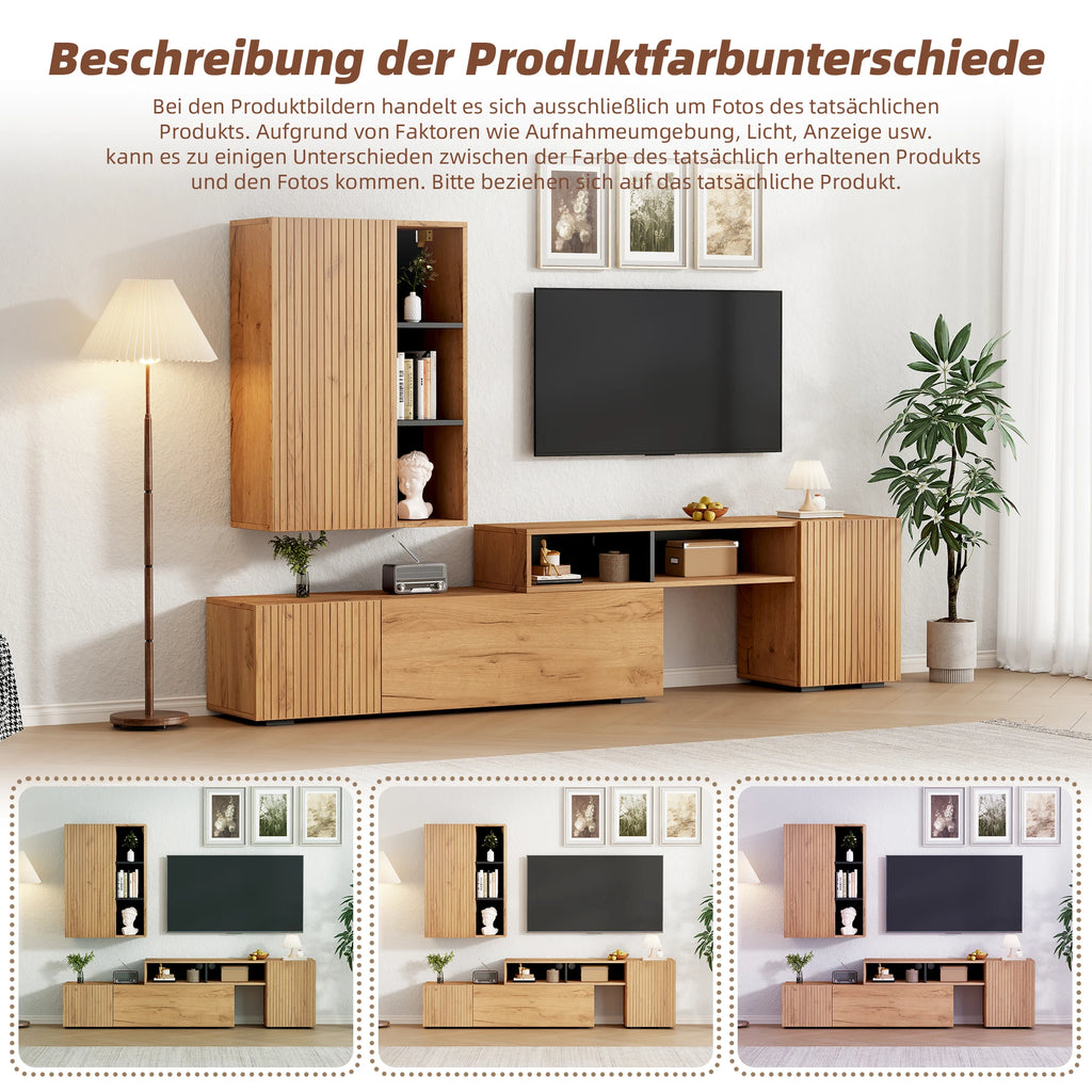 Ensemble meuble TV mural pour salon avec vitrine d'exposition (ensemble complet, 2 unités), mur média incluant meuble TV et étagère sur pied, ensemble de meubles de salon pour TV, meuble TV à longueur modulable jusqu'à 265 cm, à poser ou suspendre, pour T