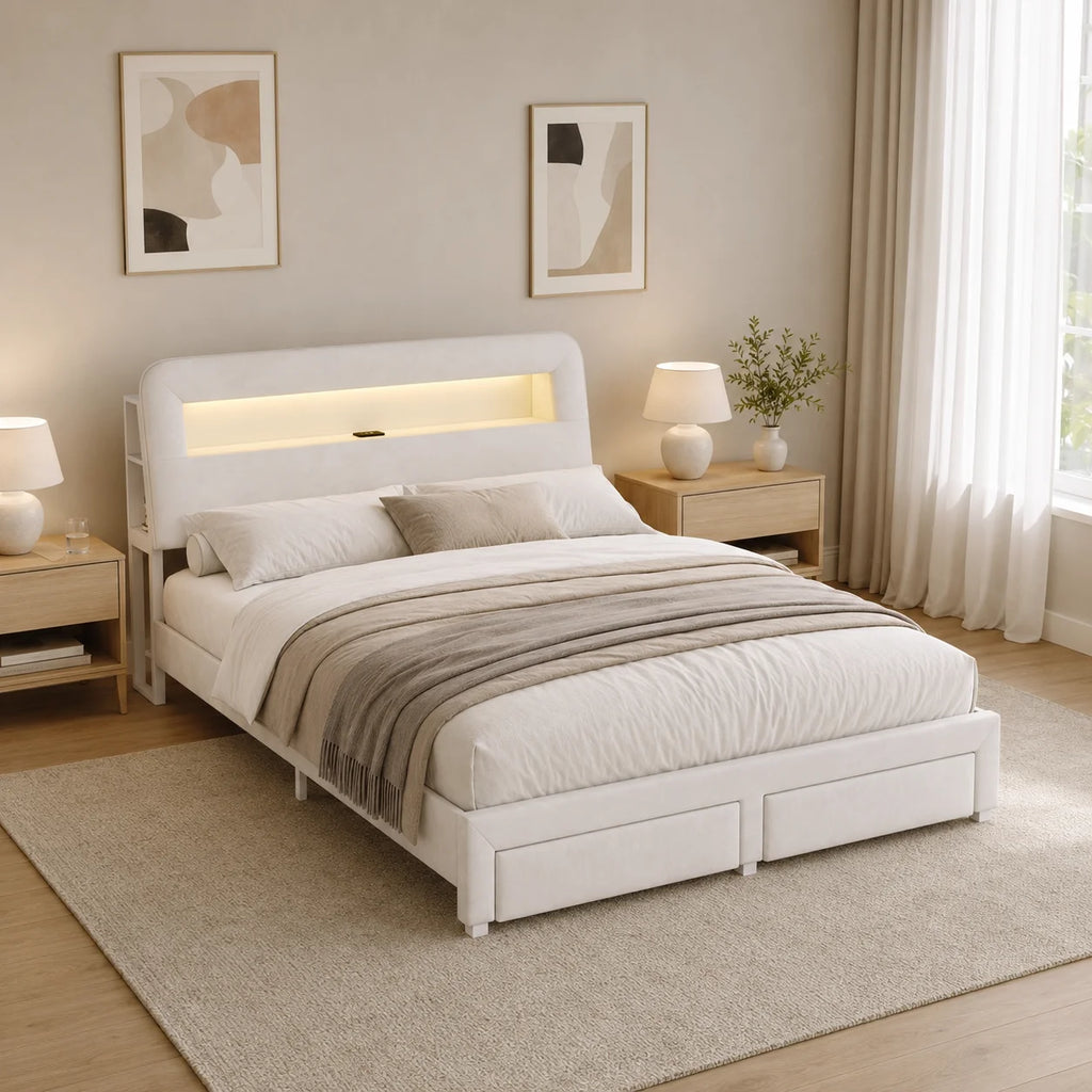 Lit en velours avec compartiments de rangement de chaque côté de la tête de lit et deux tiroirs au pied du lit - Beige, tailles au choix : 140 x 200 cm / 160 x 200 cm