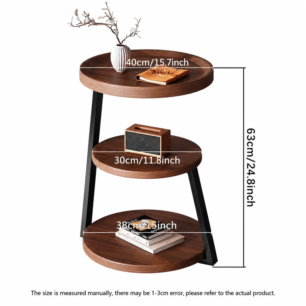 Table d'appoint ronde à 3 niveaux effet bois marron, petite table de chevet avec rangement, structure en métal thermolaqué, plateau étanche, table de bout de canapé gain de place pour salon, chambre, balcon et extérieur