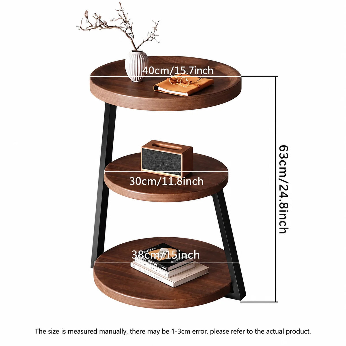 Table d'appoint ronde à 3 niveaux effet bois marron, petite table de chevet avec rangement, structure en métal thermolaqué, plateau étanche, table de bout de canapé gain de place pour salon, chambre, balcon et extérieur