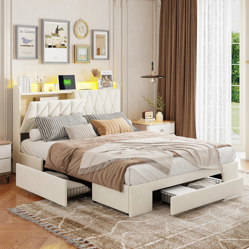 Lit 160x200 cm, lit double avec 3 tiroirs et rangement sous la tête de lit, lit coffre en velours beige avec sommier à lattes, lit pour adolescent, lit fonctionnel, cadre de lit pour chambre et chambre d'amis, lit confort pour adultes et adolescents