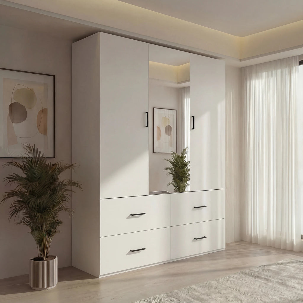 Armoire de chambre blanche moderne avec miroir et 4 tiroirs - Grand meuble de rangement et penderie pour chambre et dressing