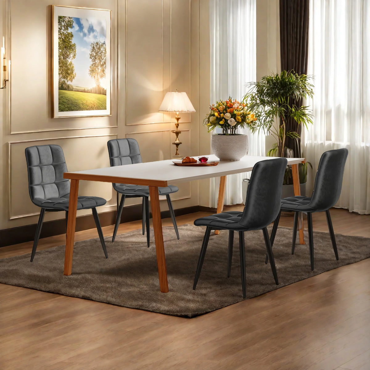 Set of 4 dining chairs with velvet upholstery and metal legs, with backrest and decorative stitching, modern chair set, ergonomic design, for dining area, bedroom or reception room, green
