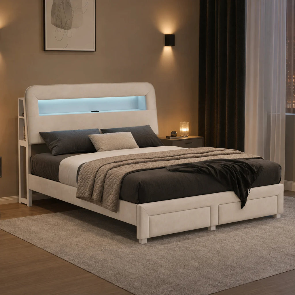 Lit en velours avec compartiments de rangement de chaque côté de la tête de lit et deux tiroirs au pied du lit - Beige, tailles au choix : 140 x 200 cm / 160 x 200 cm