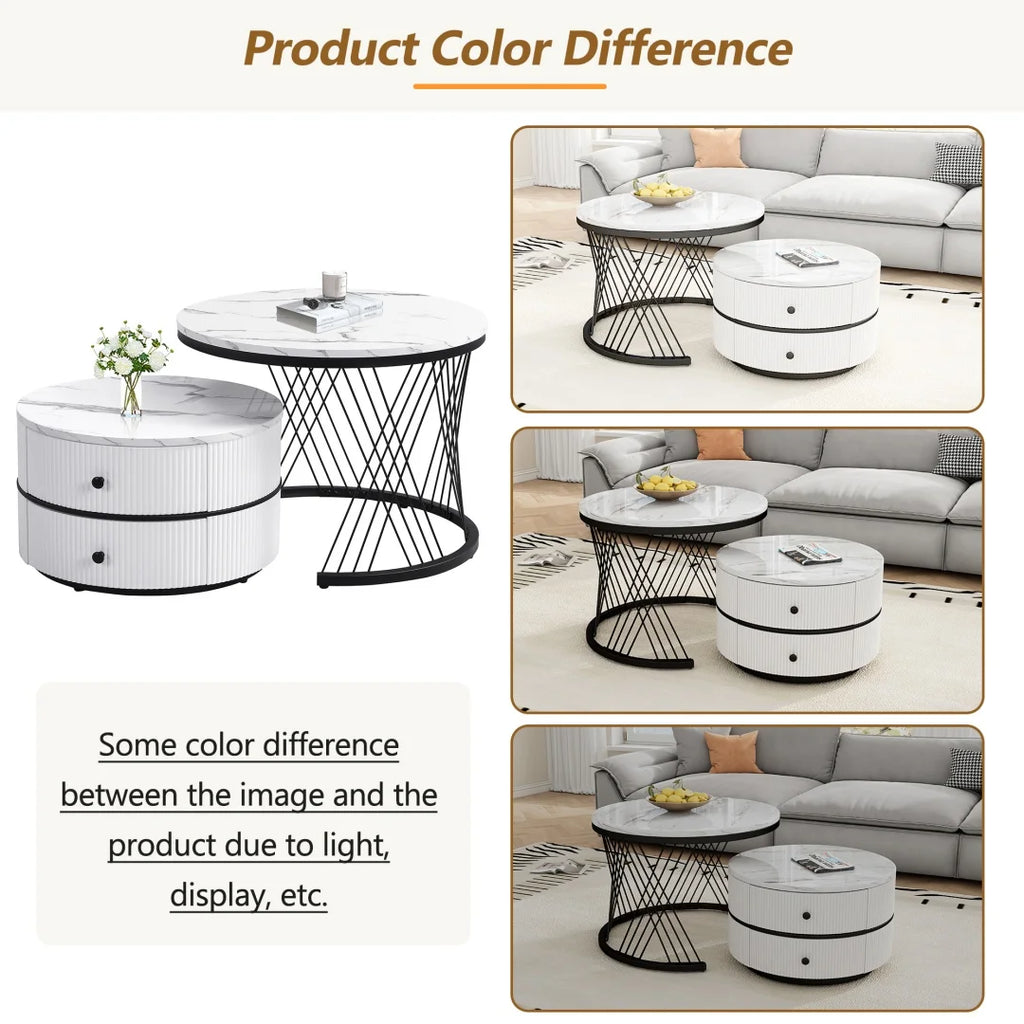 Lot de 2 tables basses gigognes blanches, 60x60x46 cm et 50x50x31 cm, tables rondes avec effet marbre haute brillance, 2 tiroirs, capacité jusqu'à 30 kg, ensemble de tables basses combinées gigognes