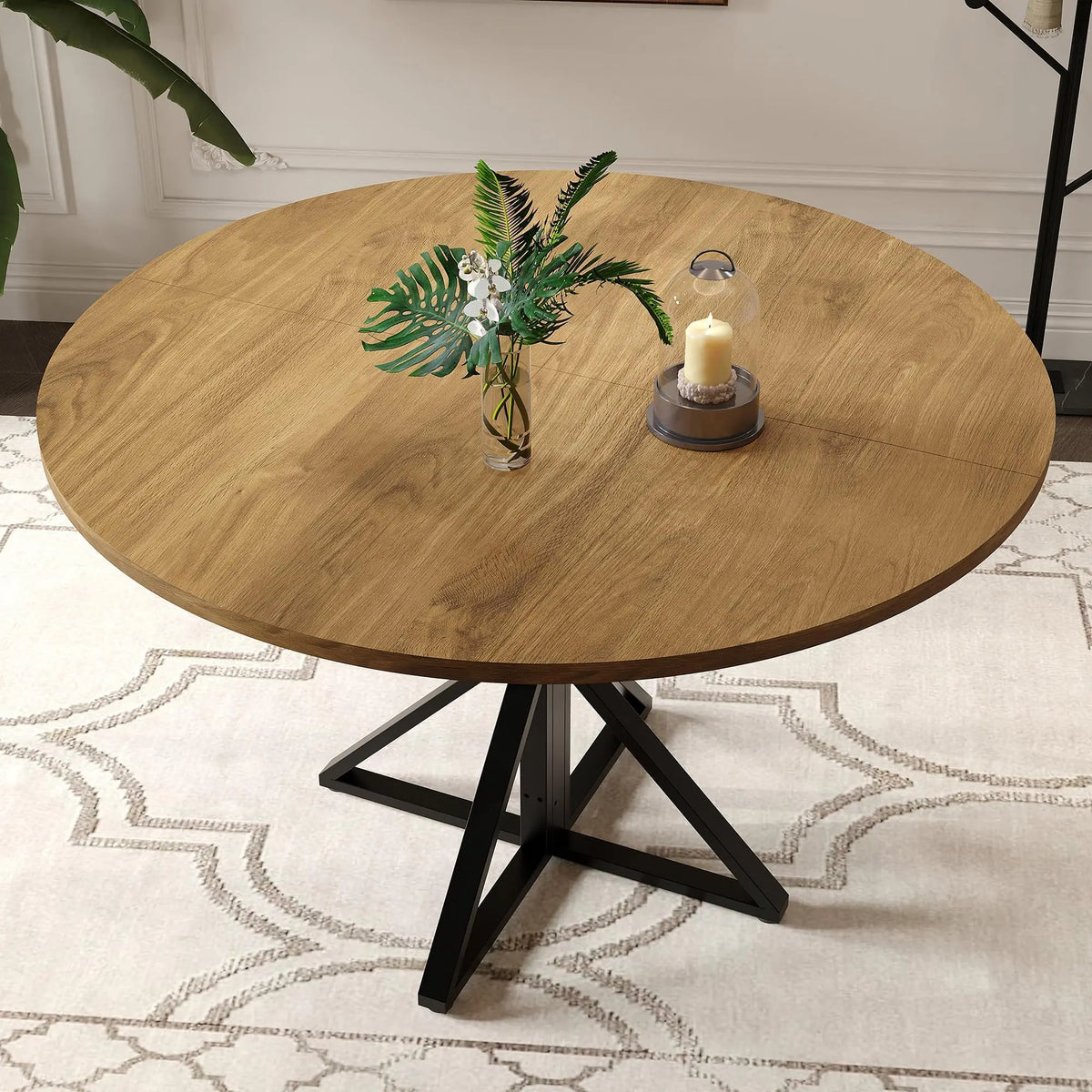 Table à manger ronde 120 cm pour 4 à 6 personnes, table de cuisine style champêtre / rustic avec piètement central, en bois