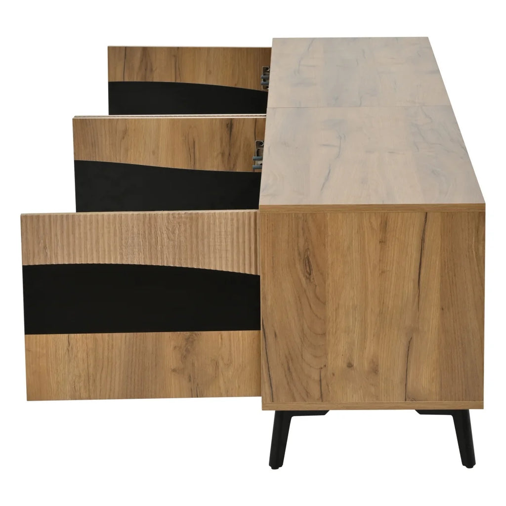 Meuble TV 80x40x50 cm, meuble télé bicolore effet bois et noir, meuble TV avec 4 compartiments, meuble de salon avec 8 pieds de support, capacité de charge recommandée 30 kg, design symétrique, meuble bas