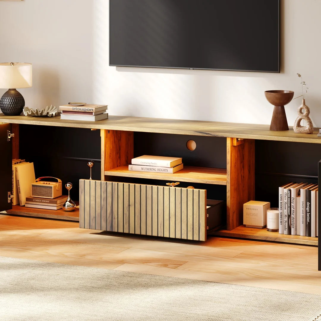 Portes de meuble, 1 tiroir, meuble TV avec éclairage LED, meuble TV haut/bas, table TV, adapté pour TV 75 pouces, salon/chambre, couleur noir et bois, 180×40×51 cm