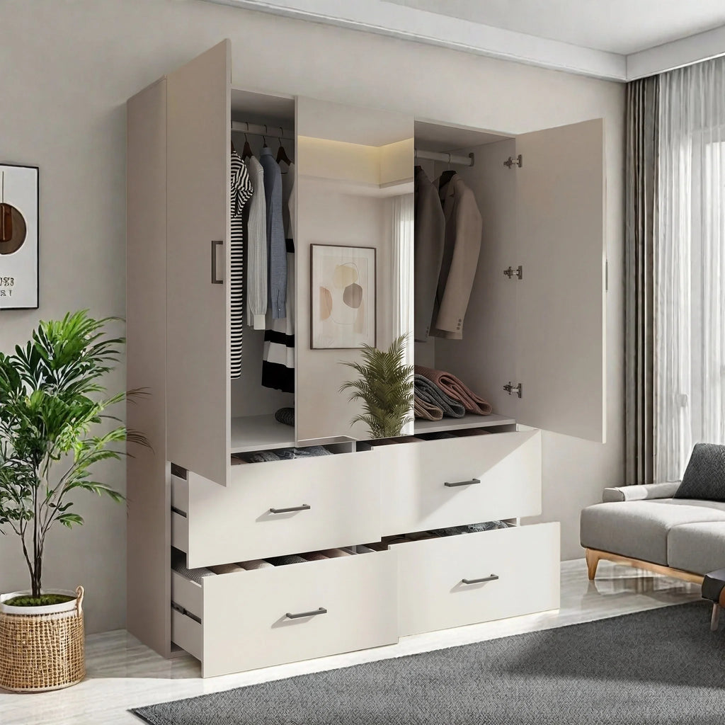 Armoire de chambre blanche moderne avec miroir et 4 tiroirs - Grand meuble de rangement et penderie pour chambre et dressing