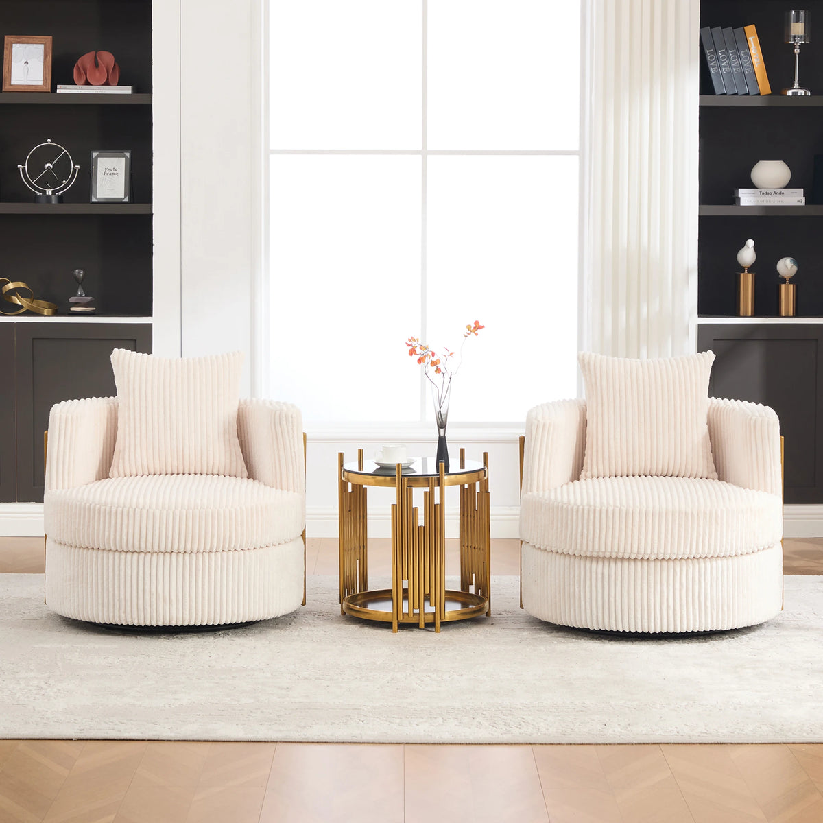 Lot de 2 fauteuils pivotants à 360° en velours côtelé beige avec mousse haute densité, rangement caché et accoudoirs rembourrés, polyvalents pour chambre, salon et chambre d'enfant