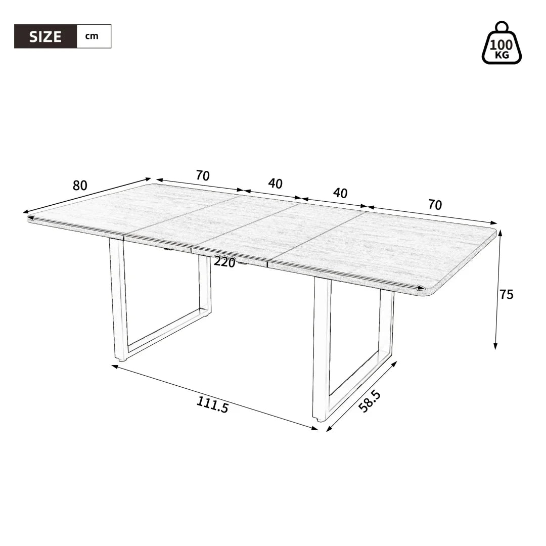 Table à manger extensible avec 3 longueurs (140/180/220 x 80 cm) - Convient pour 6 à 10 personnes, forme droite, pieds en métal, style simple pour salle à manger et cuisine - Couleur bois de noyer