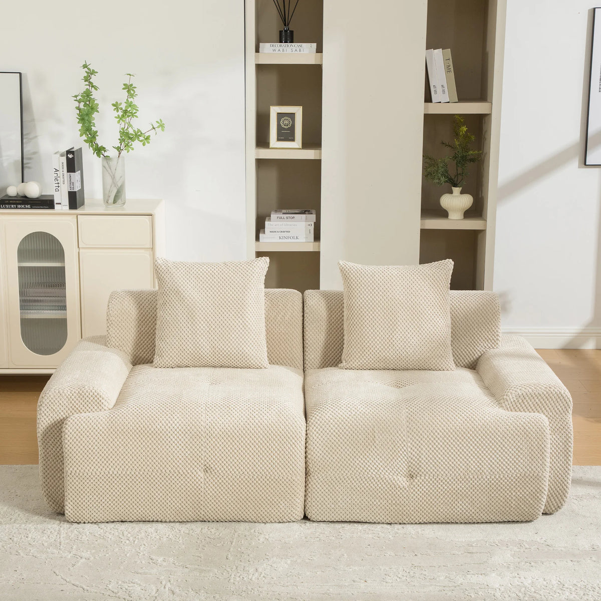Canapé modulable 3 places en chenille beige avec mousse haute élasticité 30D et compression sous vide, sans montage avec sol antidérapant, polyvalent pour salon, chambre et bureau à domicile