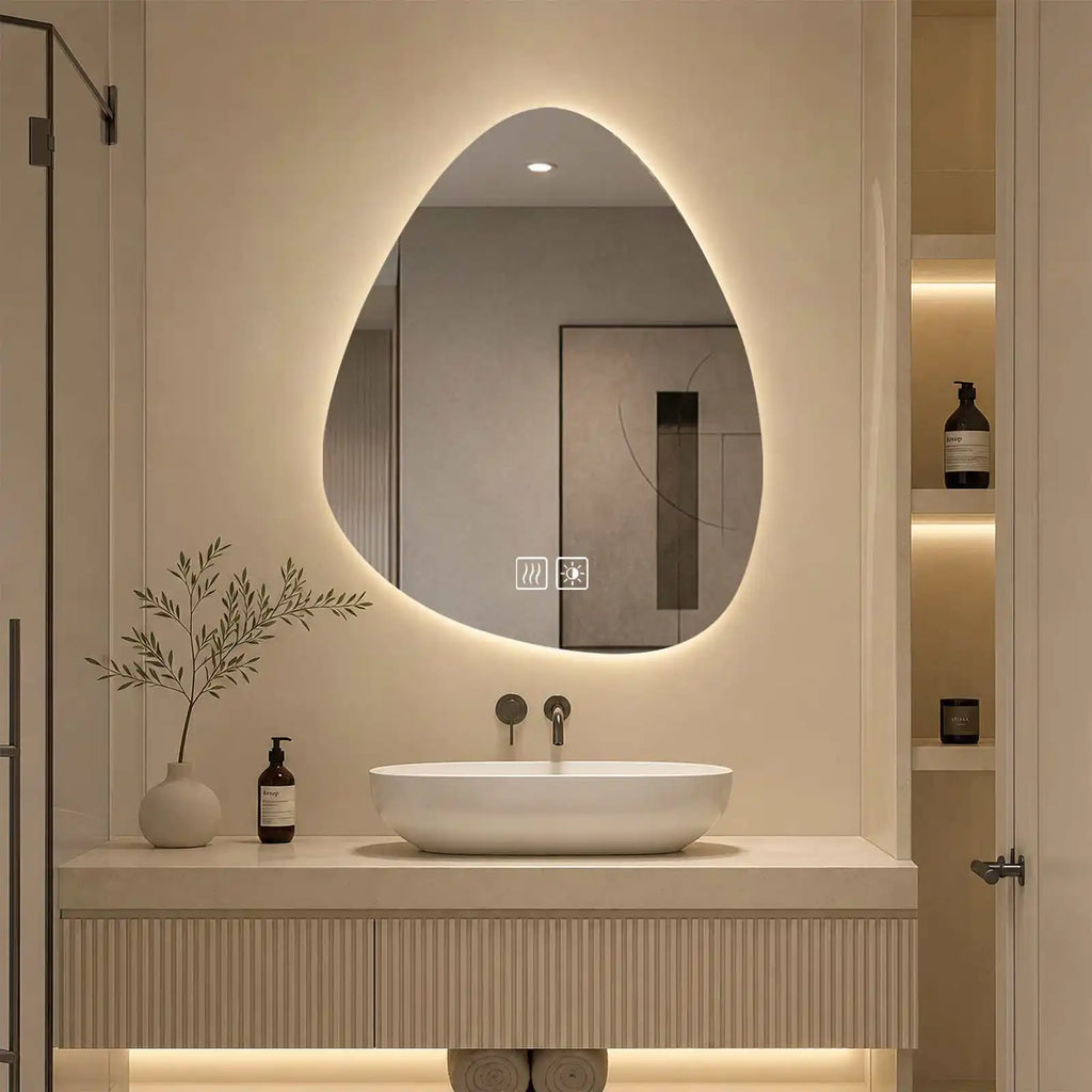 Miroir de salle de bain en forme de goutte sans cadre - Anti-buée, commande tactile et éclairage réglable à trois couleurs, idéal pour salle de bain, chambre et salons de beauté
