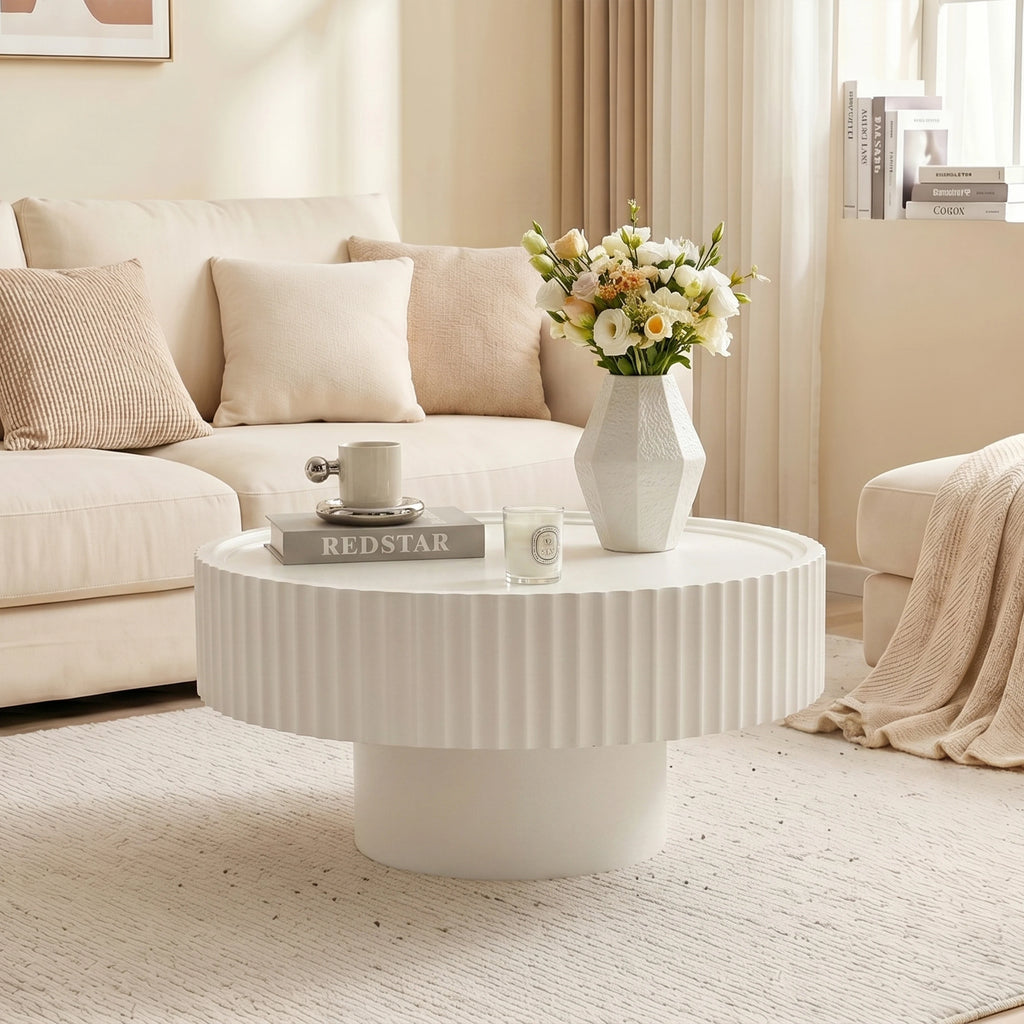 White Round Coffee Table Ø70 cm - Designer Table with Slatted Effect and Central Base for Modern, Japandi and Cocooning Living Rooms, Coffee Tables, End Tables, Living Room Tables, Nesting Tables, Pedestal Tables, Sofa Table