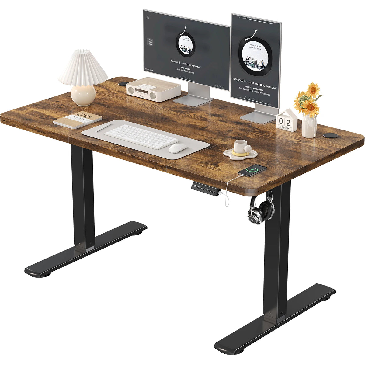 Bureau assis-debout ergonomique 120x60 cm pour ordinateur avec prises USB, table de bureau à domicile