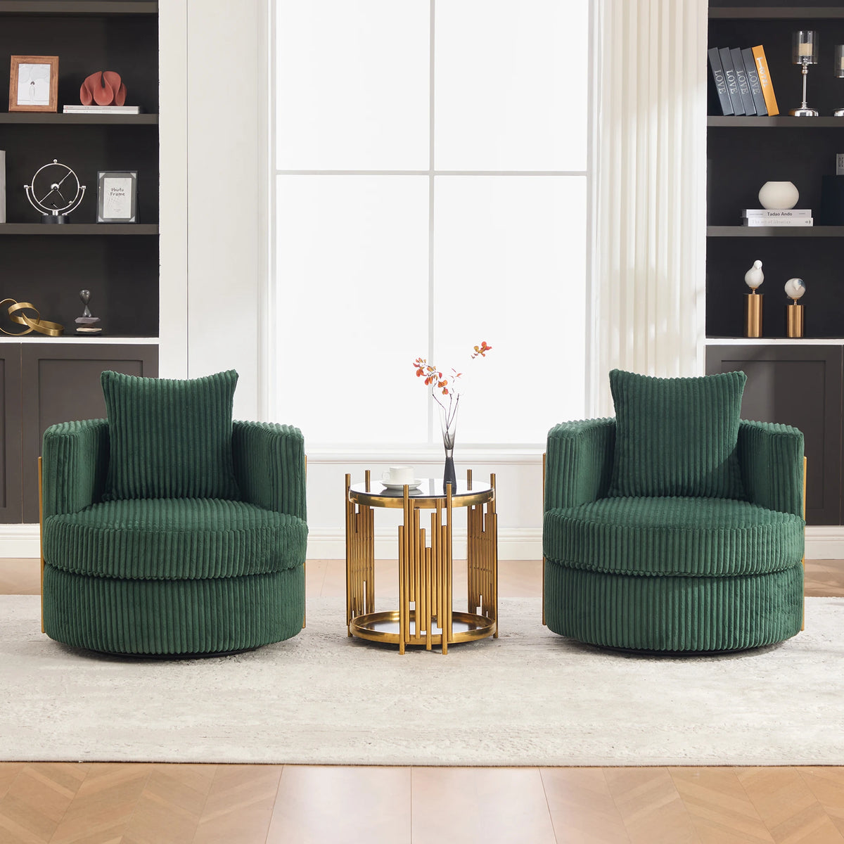 Lot de 2 fauteuils pivotants à 360° en velours côtelé beige avec mousse haute densité, rangement caché et accoudoirs rembourrés, polyvalents pour chambre, salon et chambre d'enfant