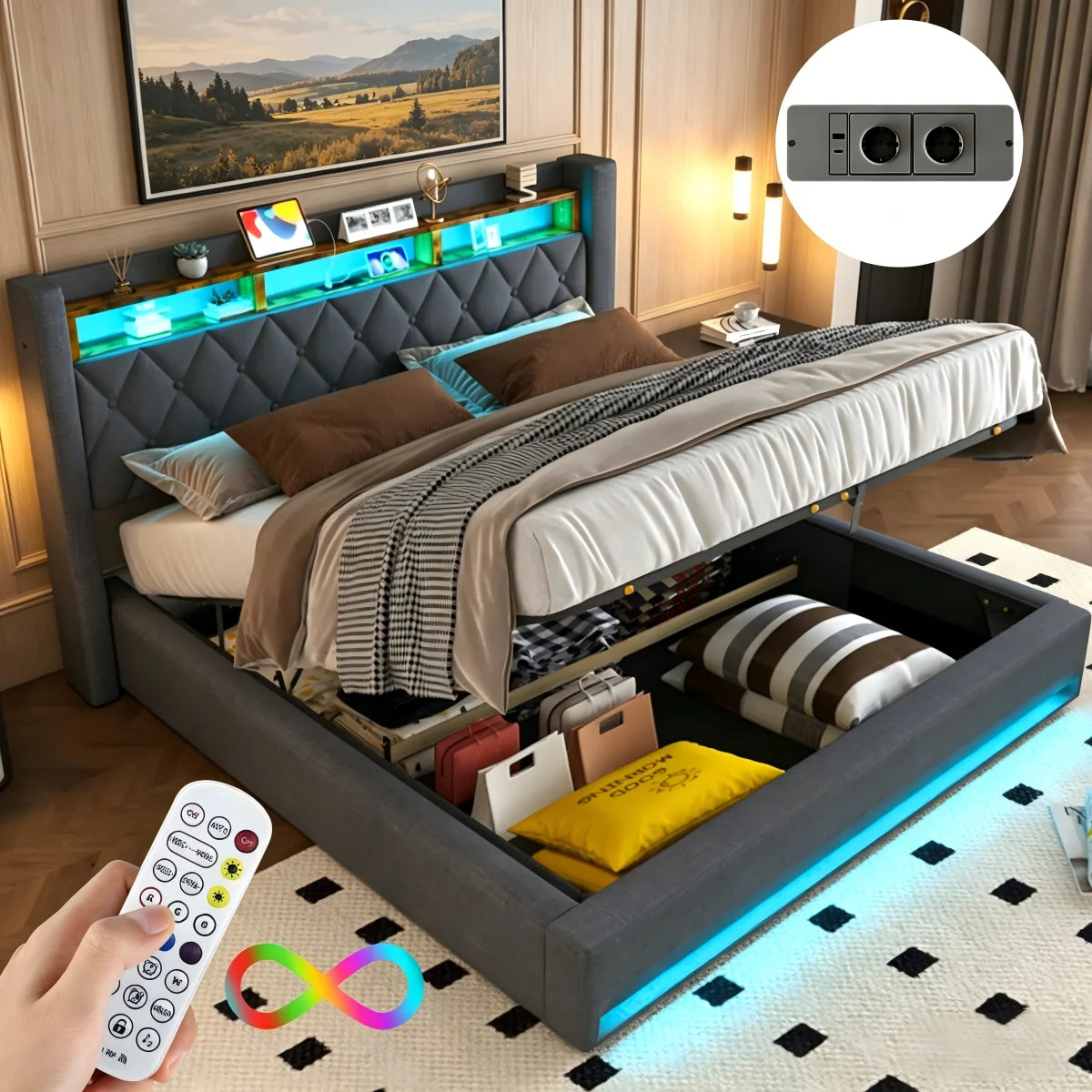 Lit coffre 140x190 cm, lit double avec bandeau LED et ports USB, fonction de rangement, sommier à lattes, revêtement en tissu effet lin gris foncé (sans matelas)