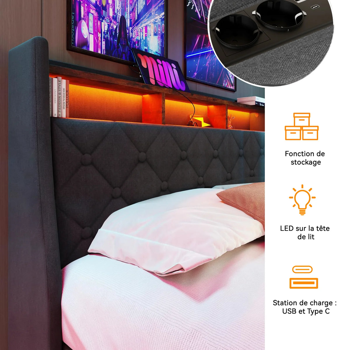Lit coffre 140x190 cm, lit double avec bandeau LED et ports USB, fonction de rangement, sommier à lattes, revêtement en tissu effet lin gris foncé (sans matelas)