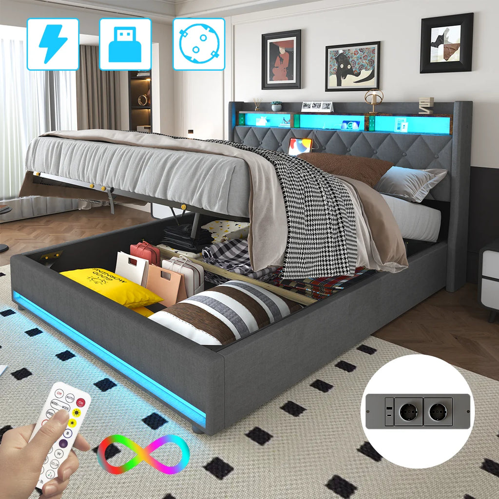 Lit coffre 140x190 cm, lit double avec bandeau LED et ports USB, fonction de rangement, sommier à lattes, revêtement en tissu effet lin gris foncé (sans matelas)