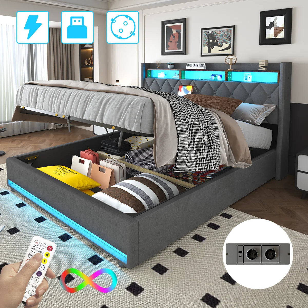 Lit coffre 140x190 cm, lit double avec bandeau LED et ports USB, fonction de rangement, sommier à lattes, revêtement en tissu effet lin gris foncé (sans matelas)