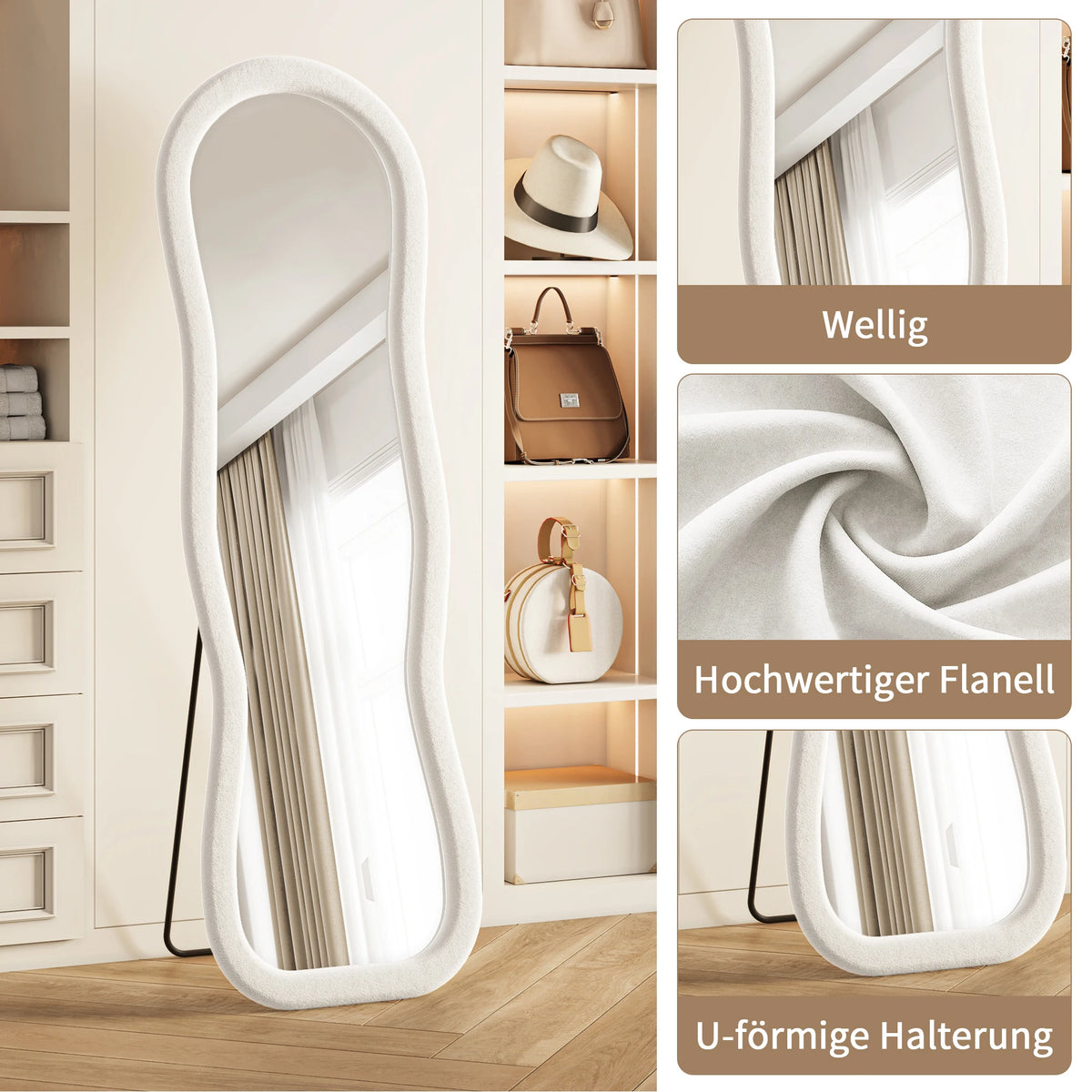 Miroir plein pied 160x50 cm, grand miroir sur pied et miroir mural avec cadre rembourré, miroir d'essayage pour chambre, couloir, dressing, miroir rectangulaire grand format décoratif pour vêtements, maquillage et décoration d'intérieur moderne