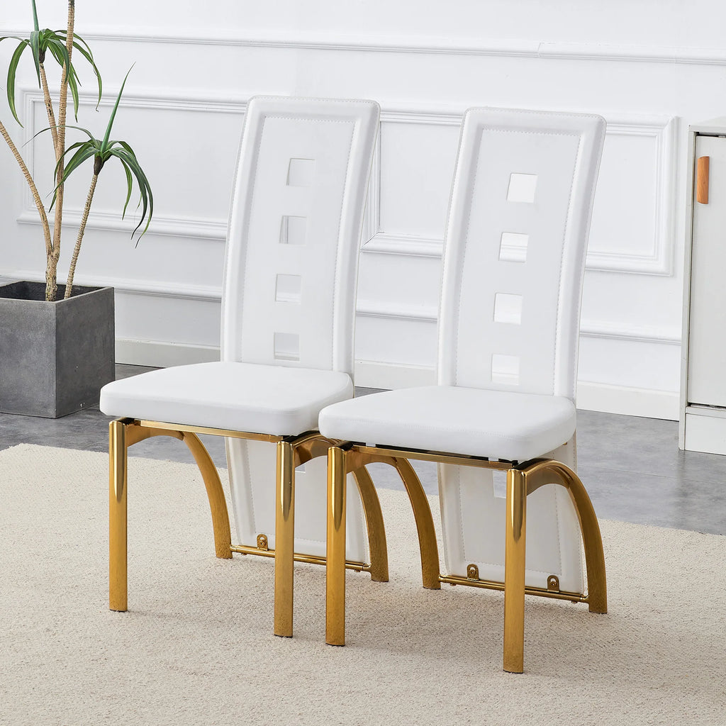 [Lot de 2] Chaises de salle à manger au design européen avec dossier ajouré, cuir synthétique (PU) blanc mat et pieds en métal doré brillant, hauteur 102,5 cm, pour salle à manger ou salon moderne