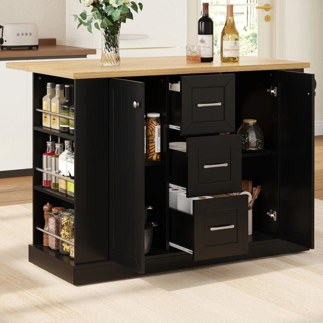Îlot de cuisine mobile avec plan de travail rabattable - Desserte de cuisine sur roulettes avec étagères à 3 niveaux, 3 tiroirs et roulettes verrouillables - 120 x 45 (70) x 90 cm