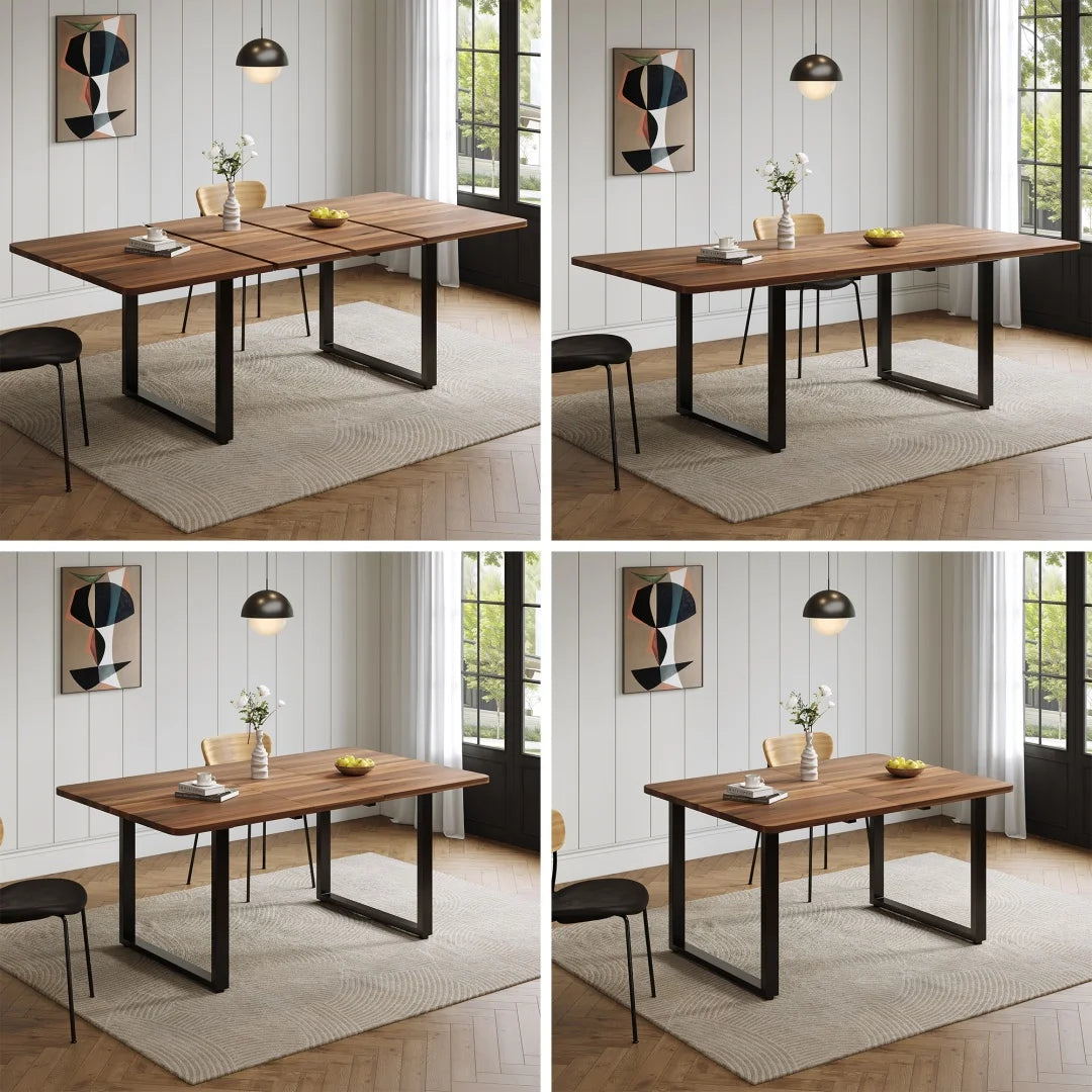 Table à manger extensible avec 3 longueurs (140/180/220 x 80 cm) - Convient pour 6 à 10 personnes, forme droite, pieds en métal, style simple pour salle à manger et cuisine - Couleur bois de noyer