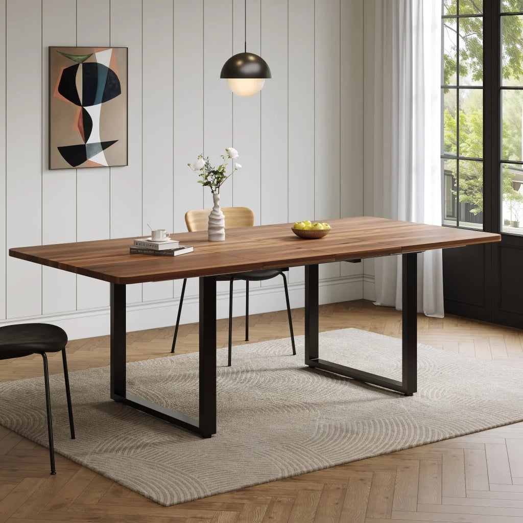 Table à manger extensible avec 3 longueurs (140/180/220 x 80 cm) - Convient pour 6 à 10 personnes, forme droite, pieds en métal, style simple pour salle à manger et cuisine - Couleur bois de noyer
