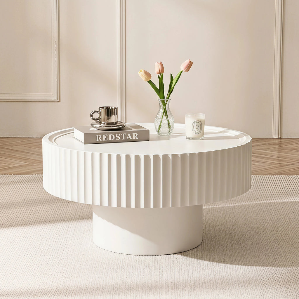 White Round Coffee Table Ø70 cm - Designer Table with Slatted Effect and Central Base for Modern, Japandi and Cocooning Living Rooms, Coffee Tables, End Tables, Living Room Tables, Nesting Tables, Pedestal Tables, Sofa Table