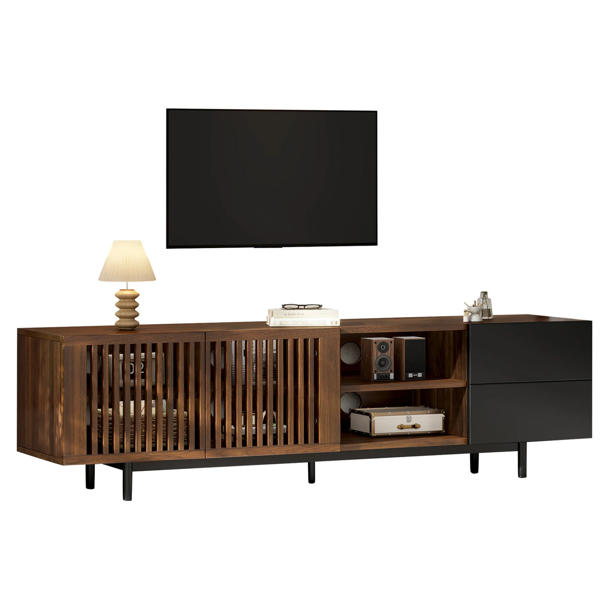 Meuble TV 160 cm, meuble télé en bois MDF avec portes à tasseaux, tiroirs et compartiments ouverts, meuble bas de salon au design noir et noyer